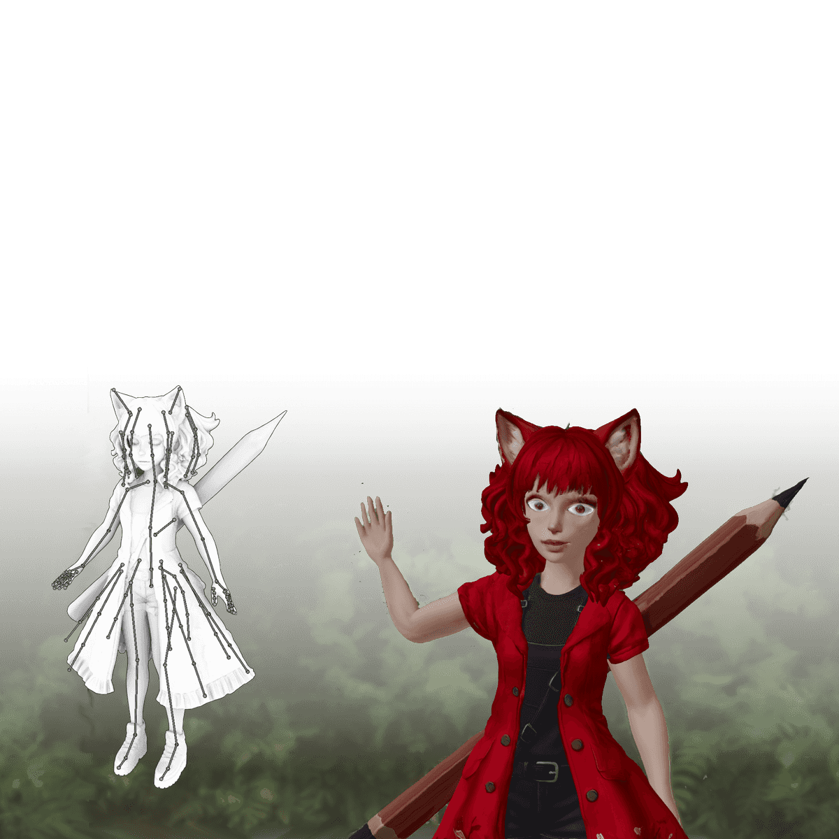3D model wireframe with armature and final render from VTuber software facing to the camera and waving. Model is fox-girl in red coat with pencil on her back.